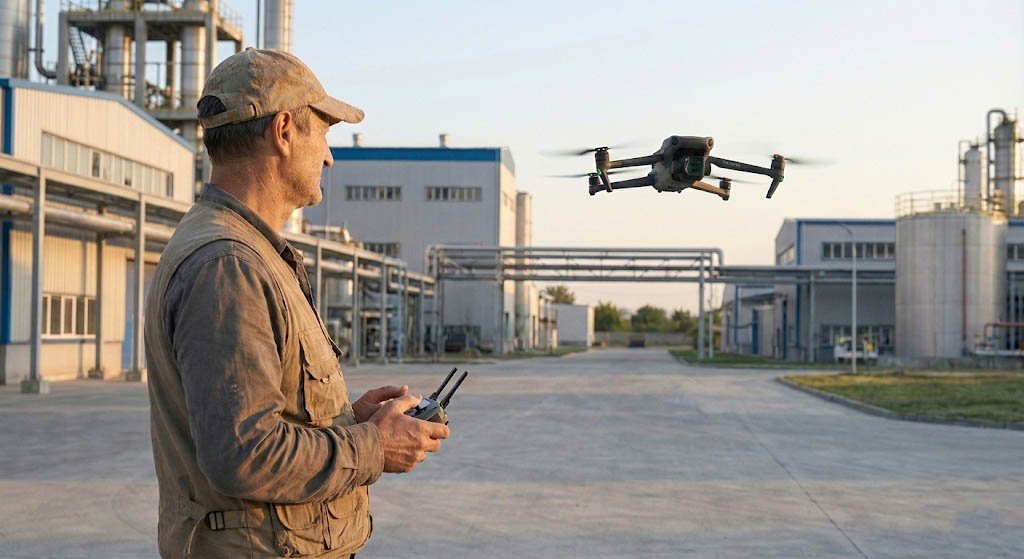 Profesyonel drone operatörü ve ekipmanları çekim sırasında